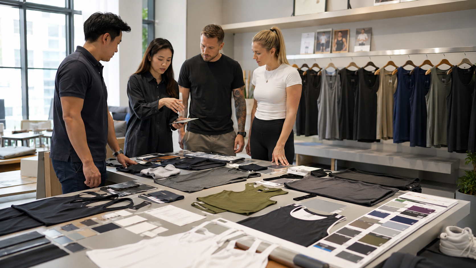Private label tank tops manufacturer showroom with samples, fabrics and branding materials