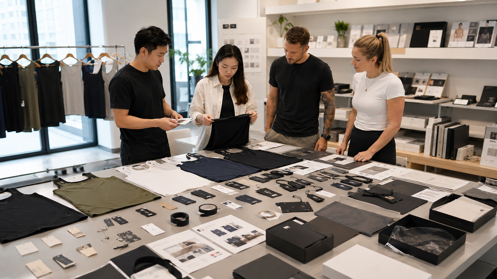 Custom tank tops branding materials with woven labels hang tags and packaging