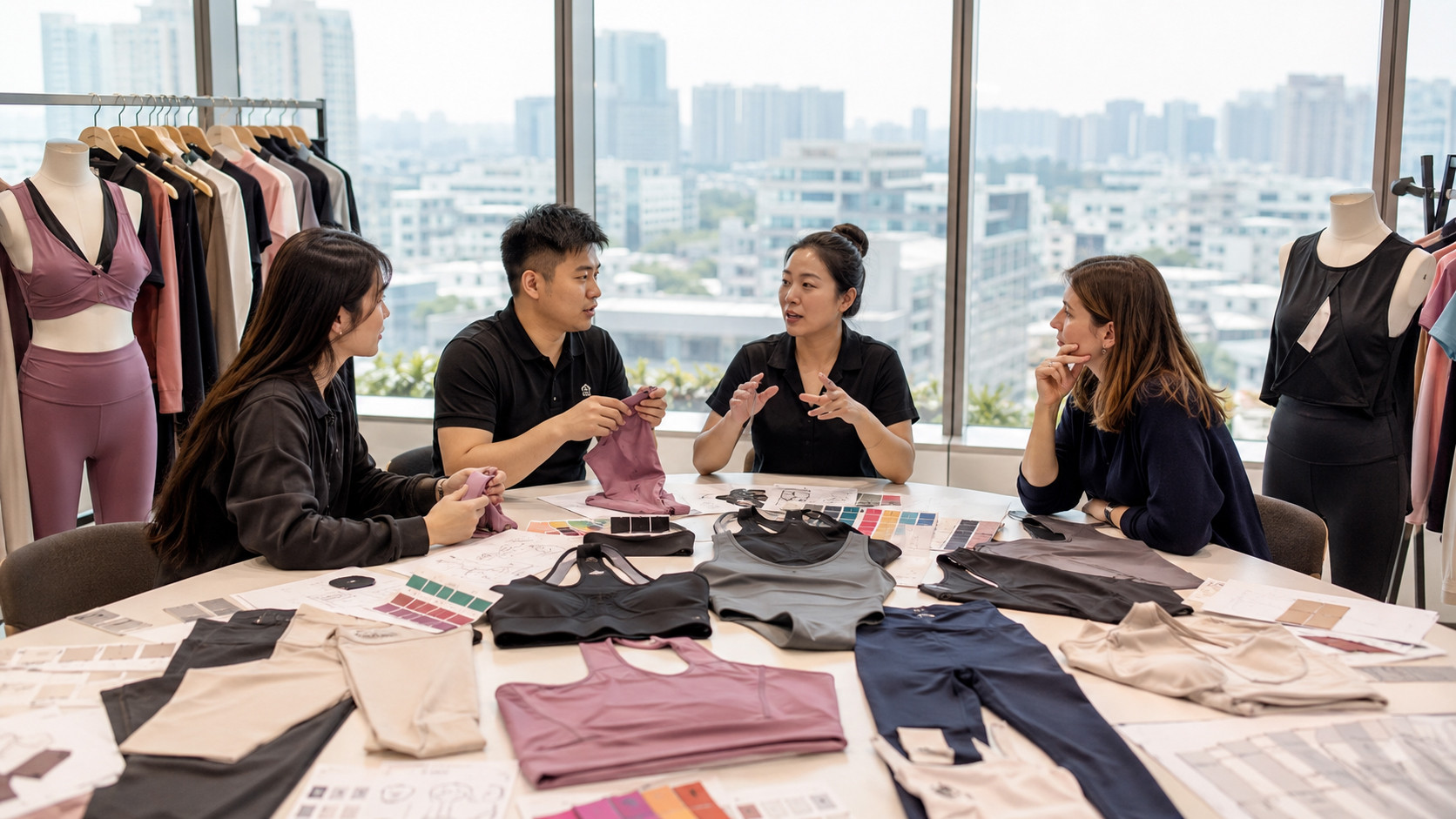 Professional nursing activewear manufacturer showroom with maternity sportswear samples