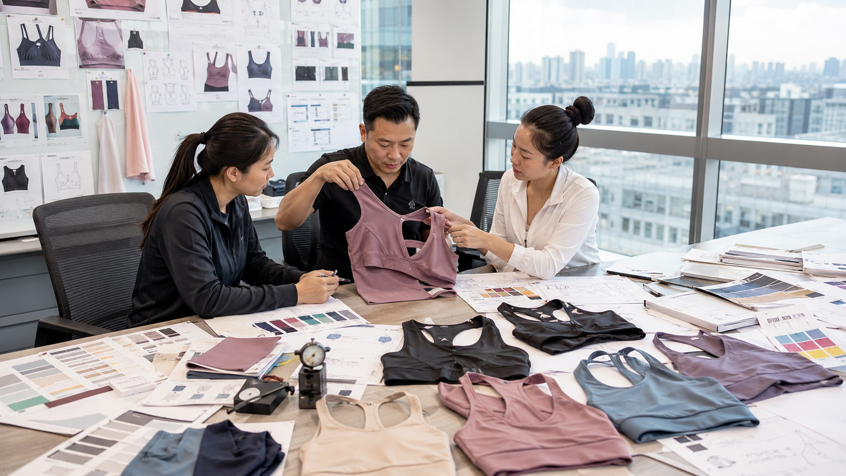 Nursing activewear product development table with fabric swatches and fit samples