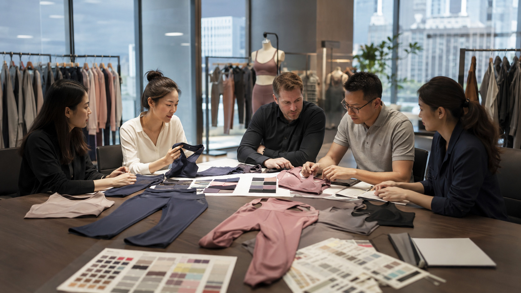 Nursing activewear manufacturer showroom with maternity activewear samples and fabric swatches
