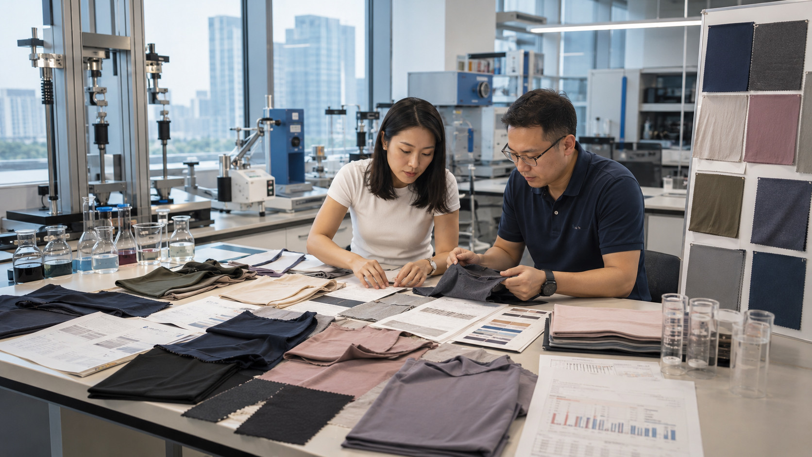 Nursing activewear fabric testing table with stretch fabrics and quality documents