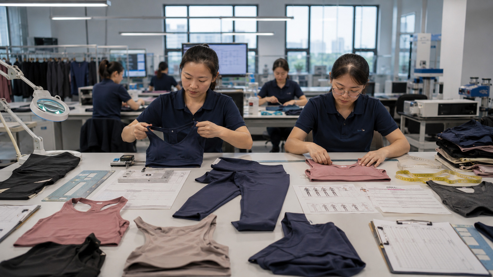 Nursing activewear quality control inspection table with measurement tools and production records