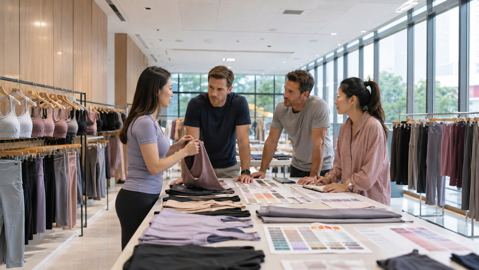 Private label nursing activewear manufacturer showroom with maternity leggings, nursing sports bras and breastfeeding activewear samples