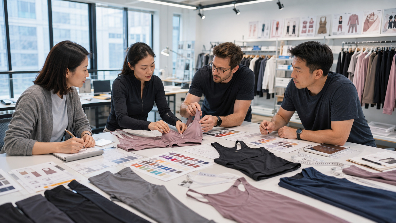 Nursing activewear product development table with sports bras, maternity leggings, tank tops and fabric swatches