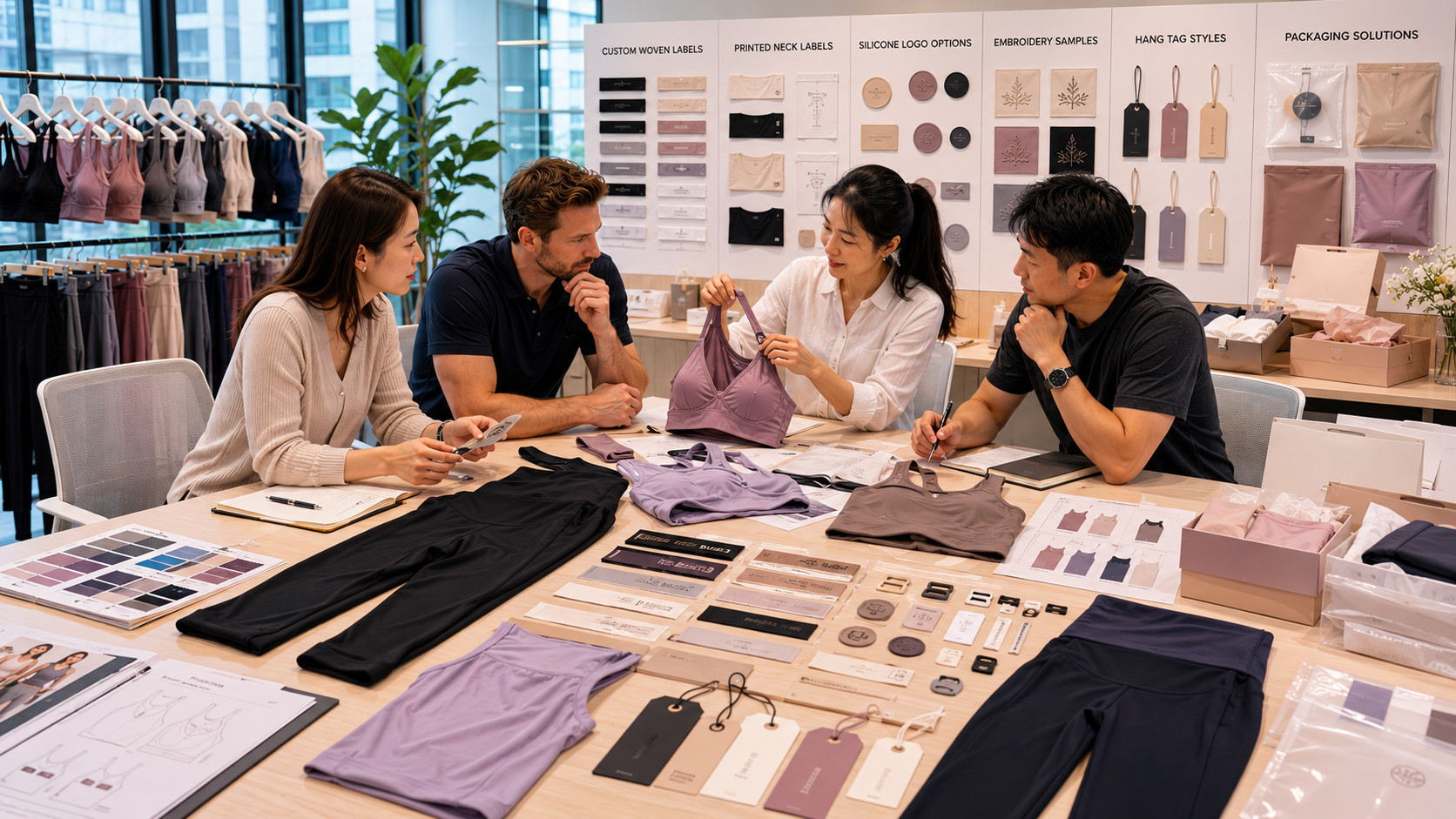Private label nursing activewear branding and packaging showroom with labels, hang tags and custom packaging