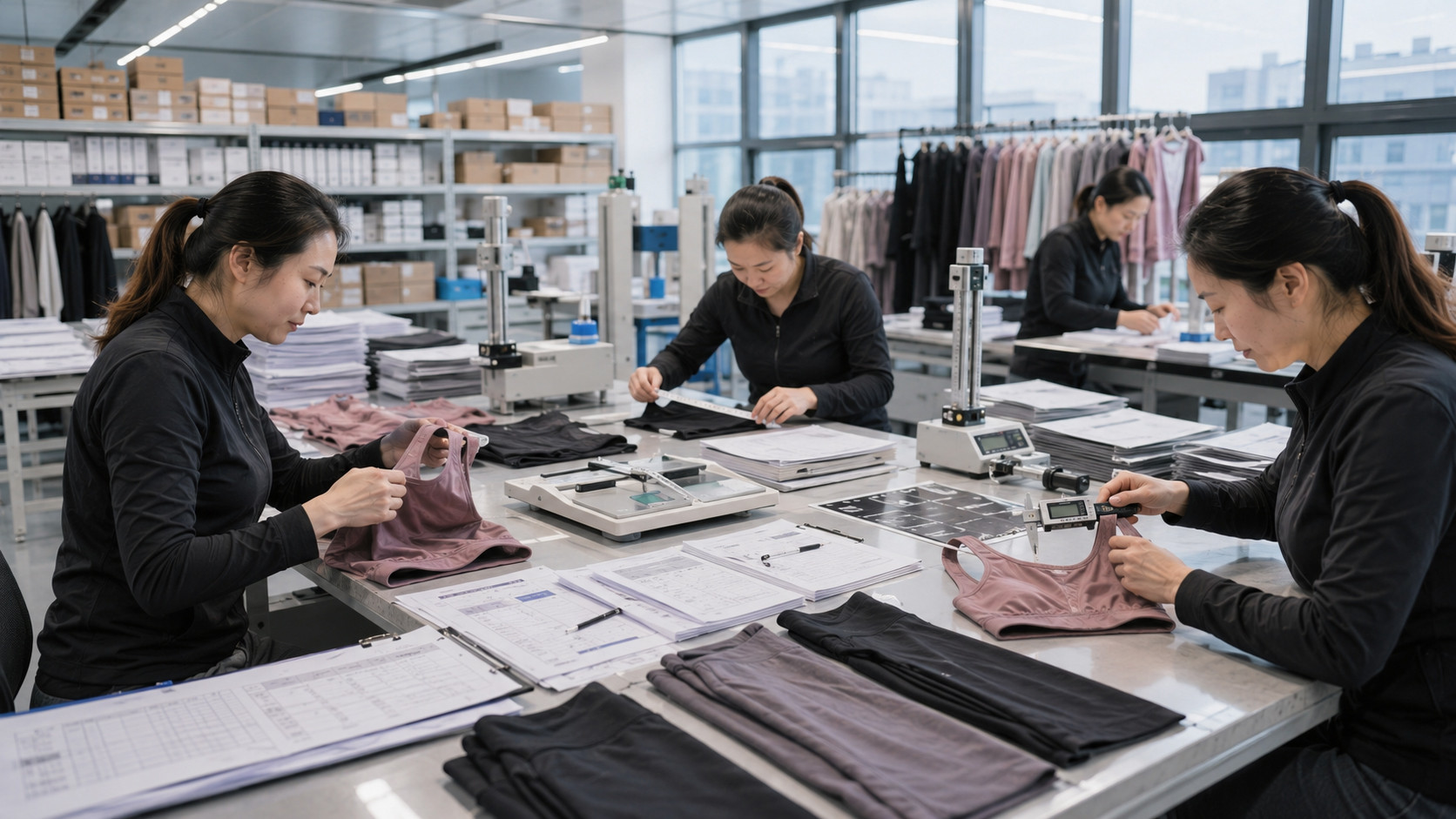 Nursing activewear quality control inspection table with measurement records and fabric testing documents