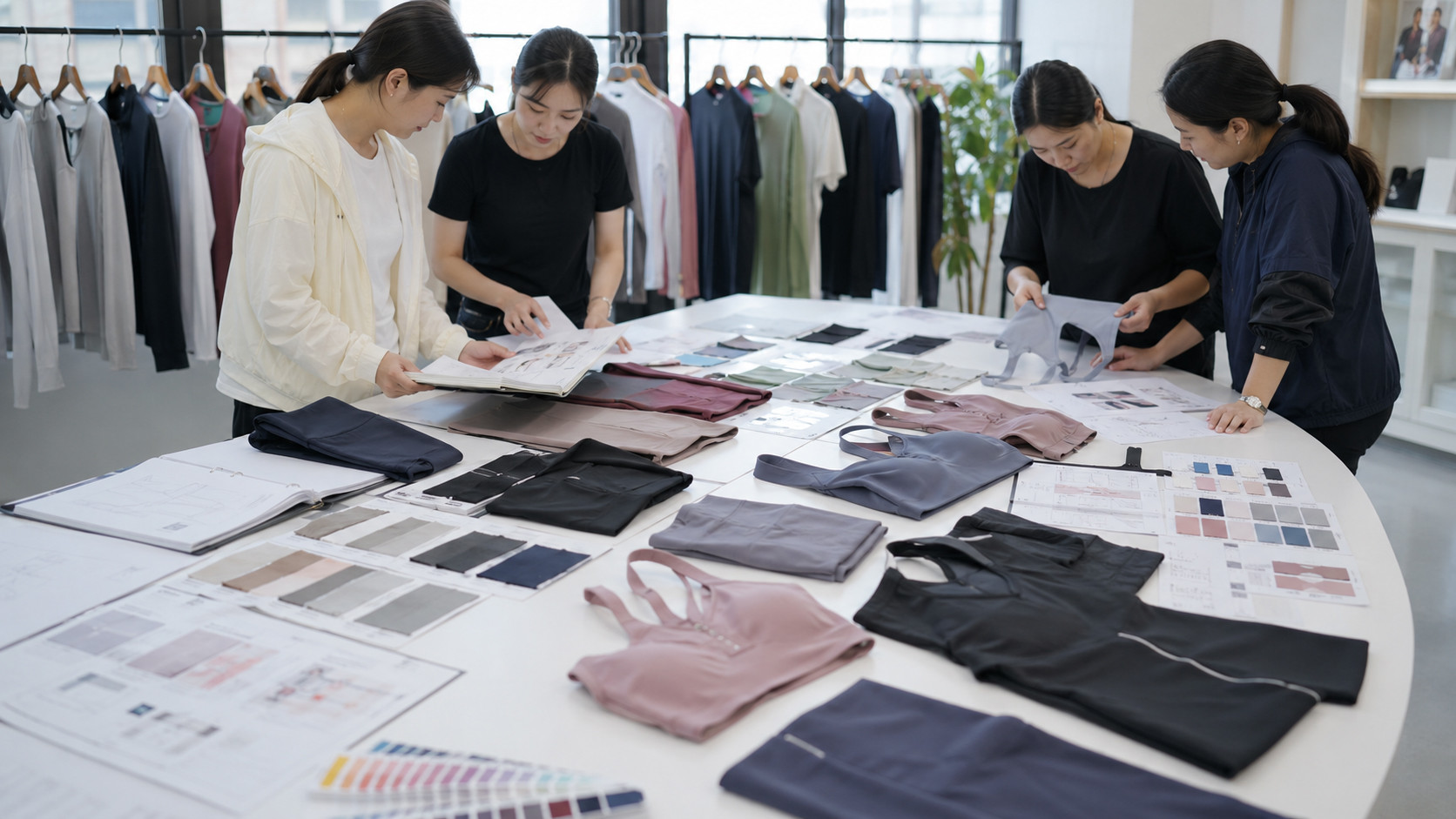 OEM nursing activewear development showroom with maternity leggings and nursing sports bras