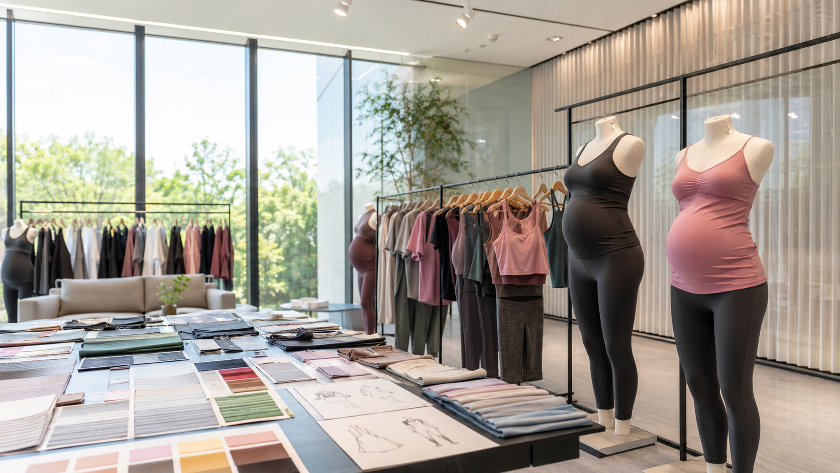 Maternity activewear manufacturer showroom with leggings, sports bras and fabric samples
