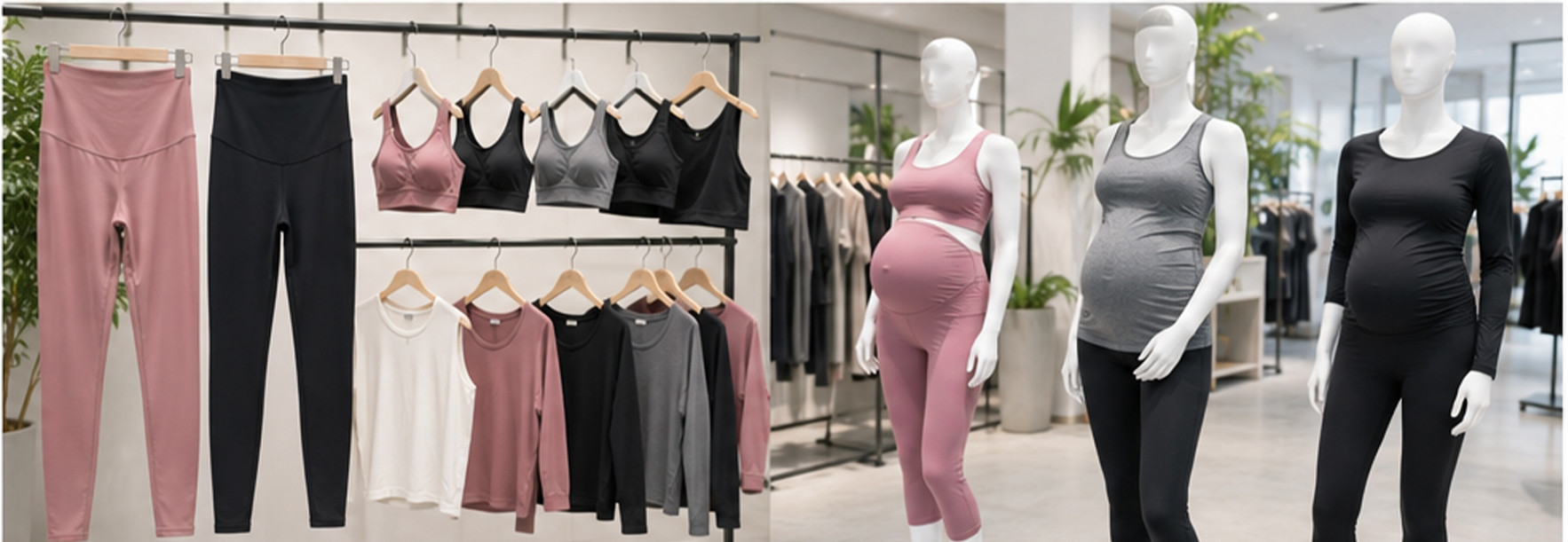 Maternity activewear manufacturer showroom with leggings sports bras and pregnancy workout tops
