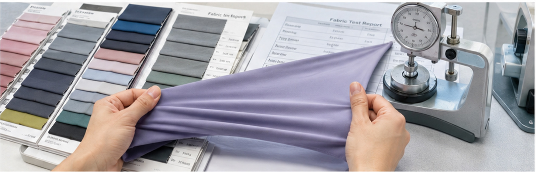 Maternity activewear fabric testing table with nylon spandex and performance textile swatches
