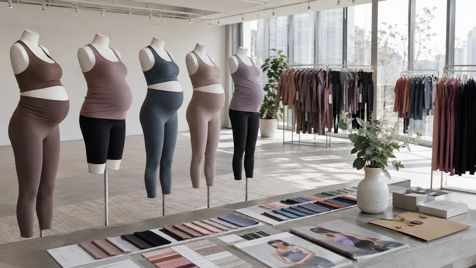 Private label maternity activewear collection displayed in a professional manufacturer showroom