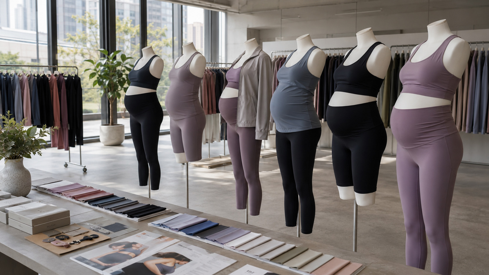 Maternity leggings sports bras and pregnancy workout tops arranged in a professional activewear showroom