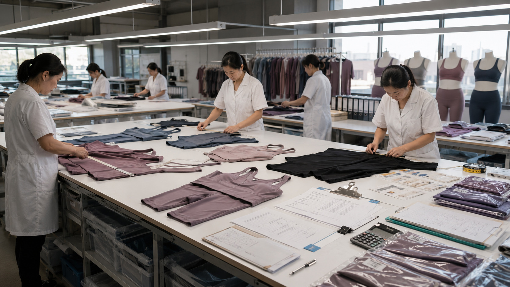 Quality control inspection for maternity activewear in a professional activewear factory