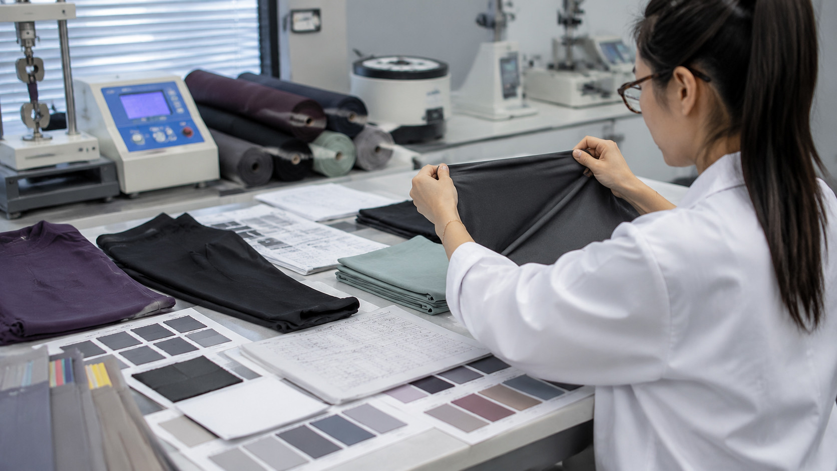 Custom gym tights bulk production line in an activewear factory