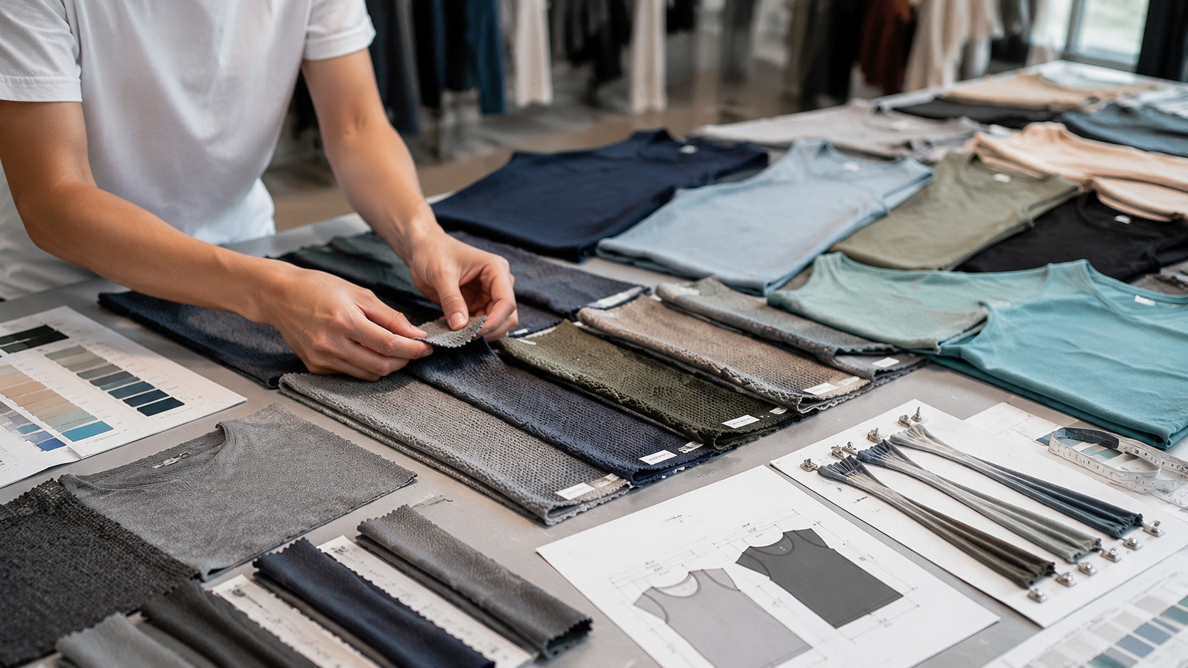 Tank top fabric samples, Pantone colors and technical documents on a development table