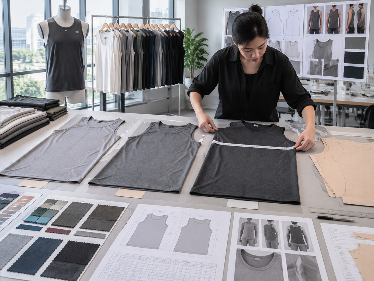 Tank top sample development with measurement sheets, fabric swatches and garment prototypes