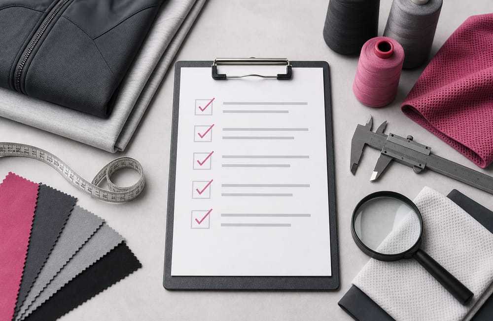 Activewear factory verification checklist with fabric swatches and measuring tools
