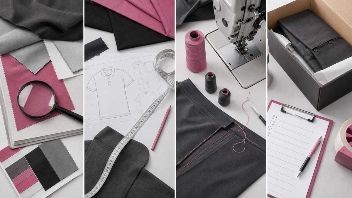 Illustrative four-stage garment verification process covering fabric, sample, sewing and packing