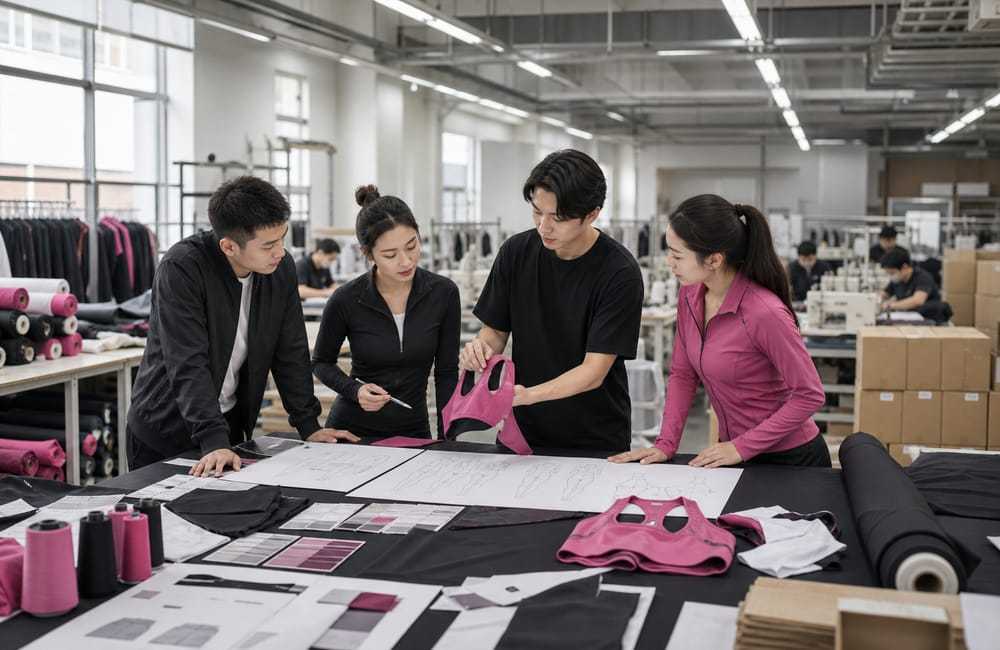 Illustrative modern activewear development team reviewing a sample in a garment workshop