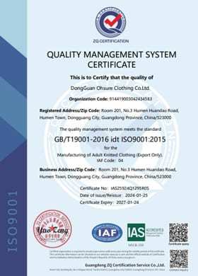 ISO 9001 2015 certificate image published on the Ohsurewear website