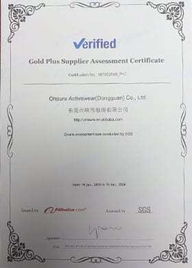 Alibaba Gold Plus Supplier Assessment Certificate for Ohsure Activewear Dongguan assessed by SGS