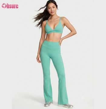 Custom OEM/ODM Women's Mint Green 2-Piece Yoga Set | High-Waist Flare Leggings & Double Shoulder Strap V-Neck Sports Bra