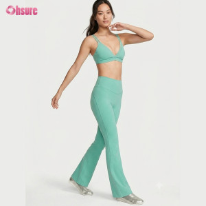 Custom OEM/ODM Women's Mint Green 2-Piece Yoga Set | High-Waist Flare Leggings & Double Shoulder Strap V-Neck Sports Bra