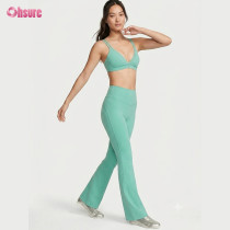 Custom OEM/ODM Women's Mint Green 2-Piece Yoga Set | High-Waist Flare Leggings & Double Shoulder Strap V-Neck Sports Bra