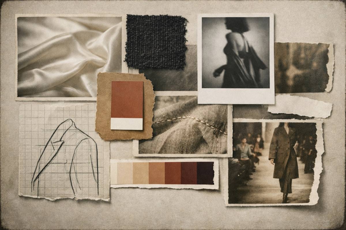 Fashion mood board with fabric swatches and design references