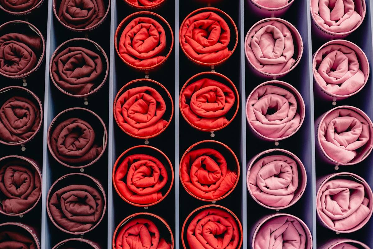 Rolled textile samples arranged for apparel material selection