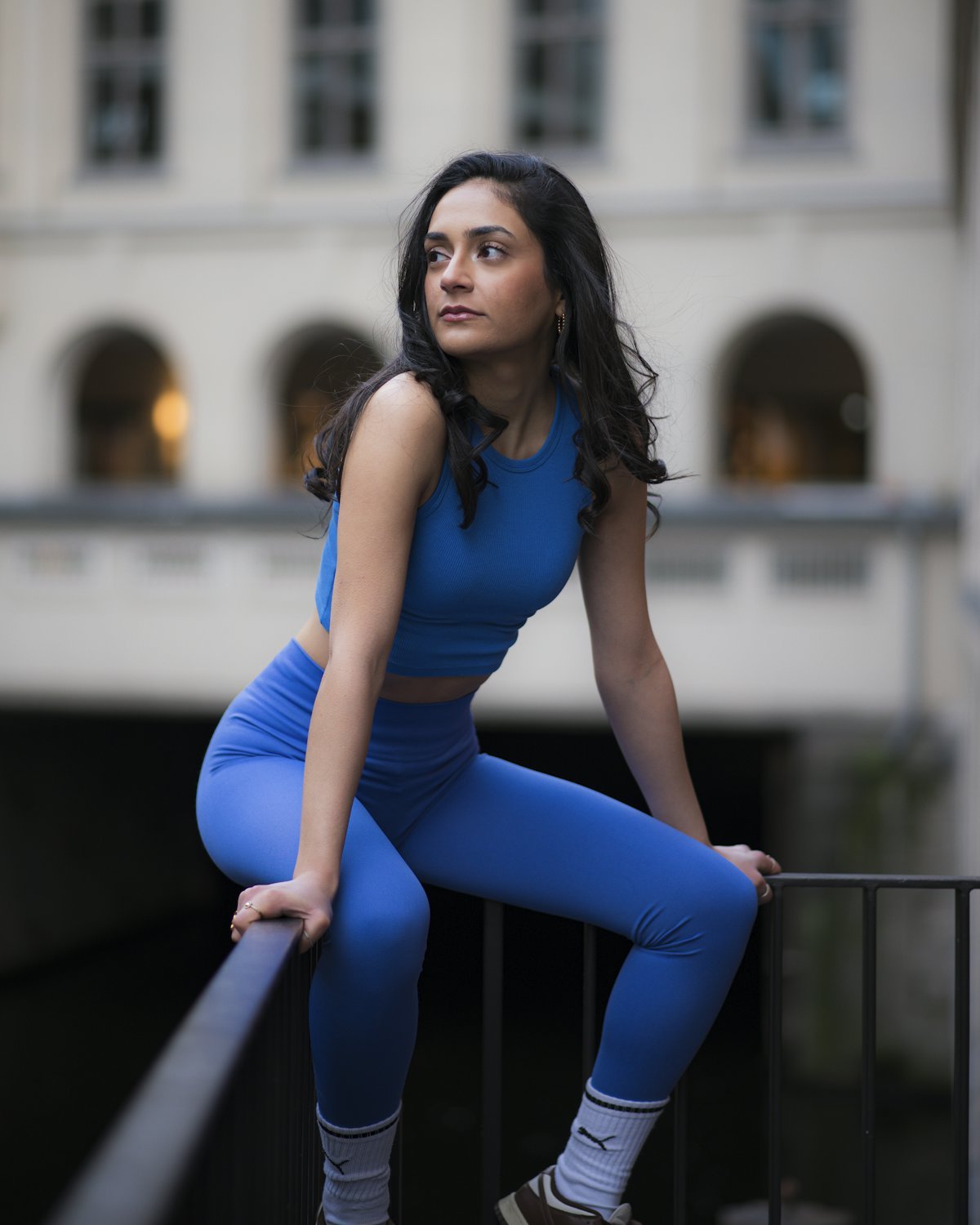 Woman wearing a coordinated blue activewear set