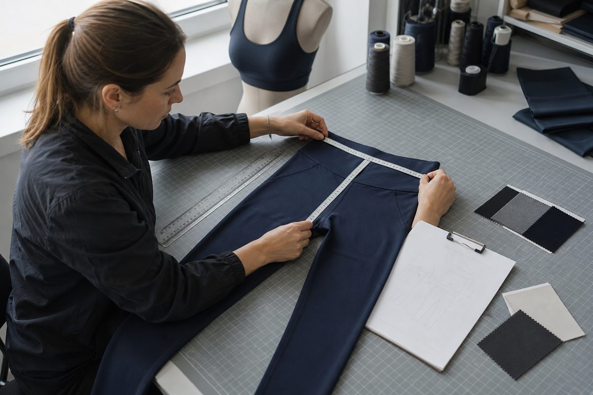 An apparel developer measures a custom activewear leggings sample against approved specifications