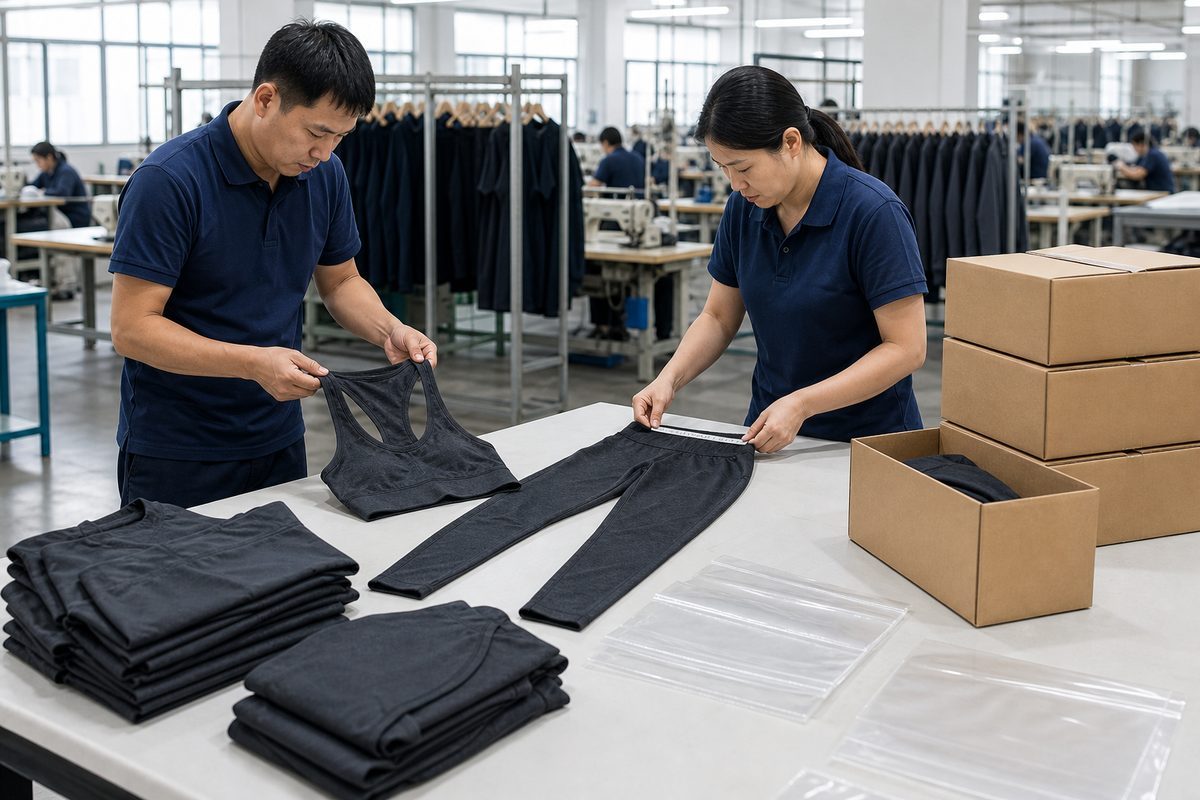 Quality inspectors check activewear garments before packing and delivery
