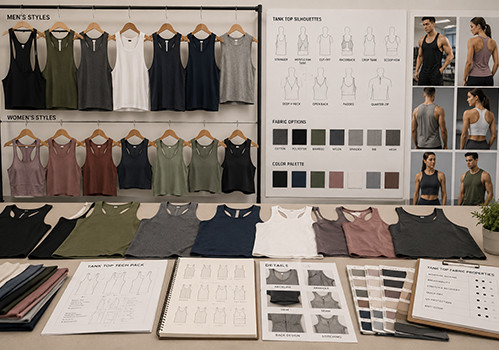 Team reviewing activewear samples and materials