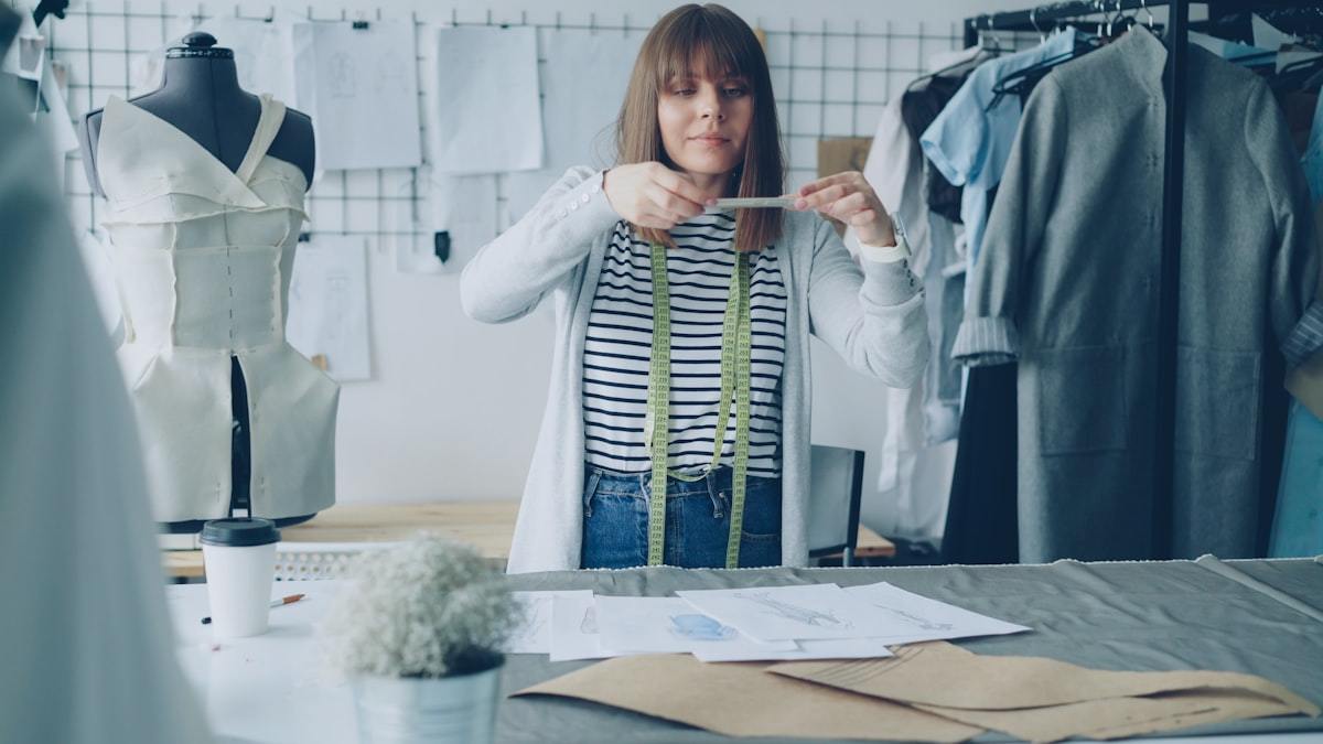 Fashion designer reviewing measurements and sketches during apparel sample development