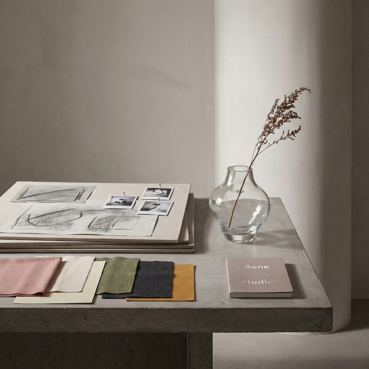 Fabric swatches and design sketches arranged for material selection