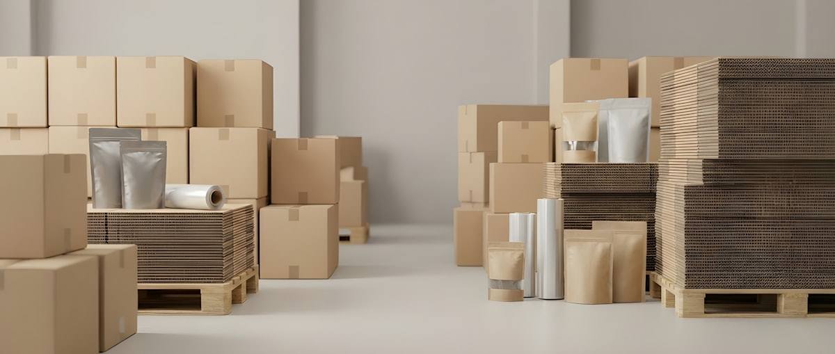 Cardboard boxes and packaging supplies in a warehouse