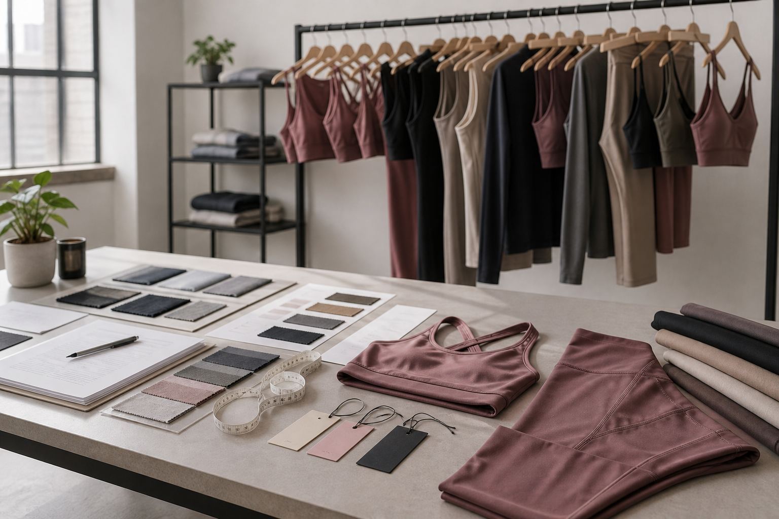 Activewear design studio combining finished garment selection with fabric and specification development