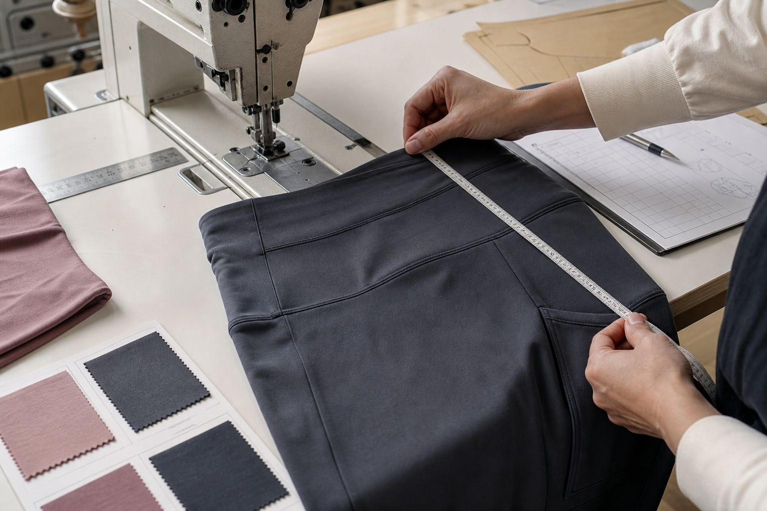 OEM activewear sample being measured beside an industrial sewing machine and technical materials