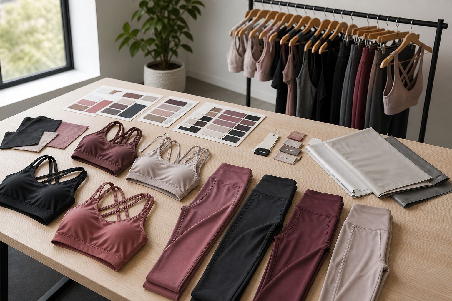 Private-label activewear assortment with finished garments color cards blank tags and packaging options