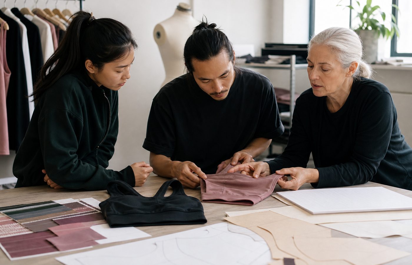 Startup founders and a product developer reviewing activewear prototypes in a design studio