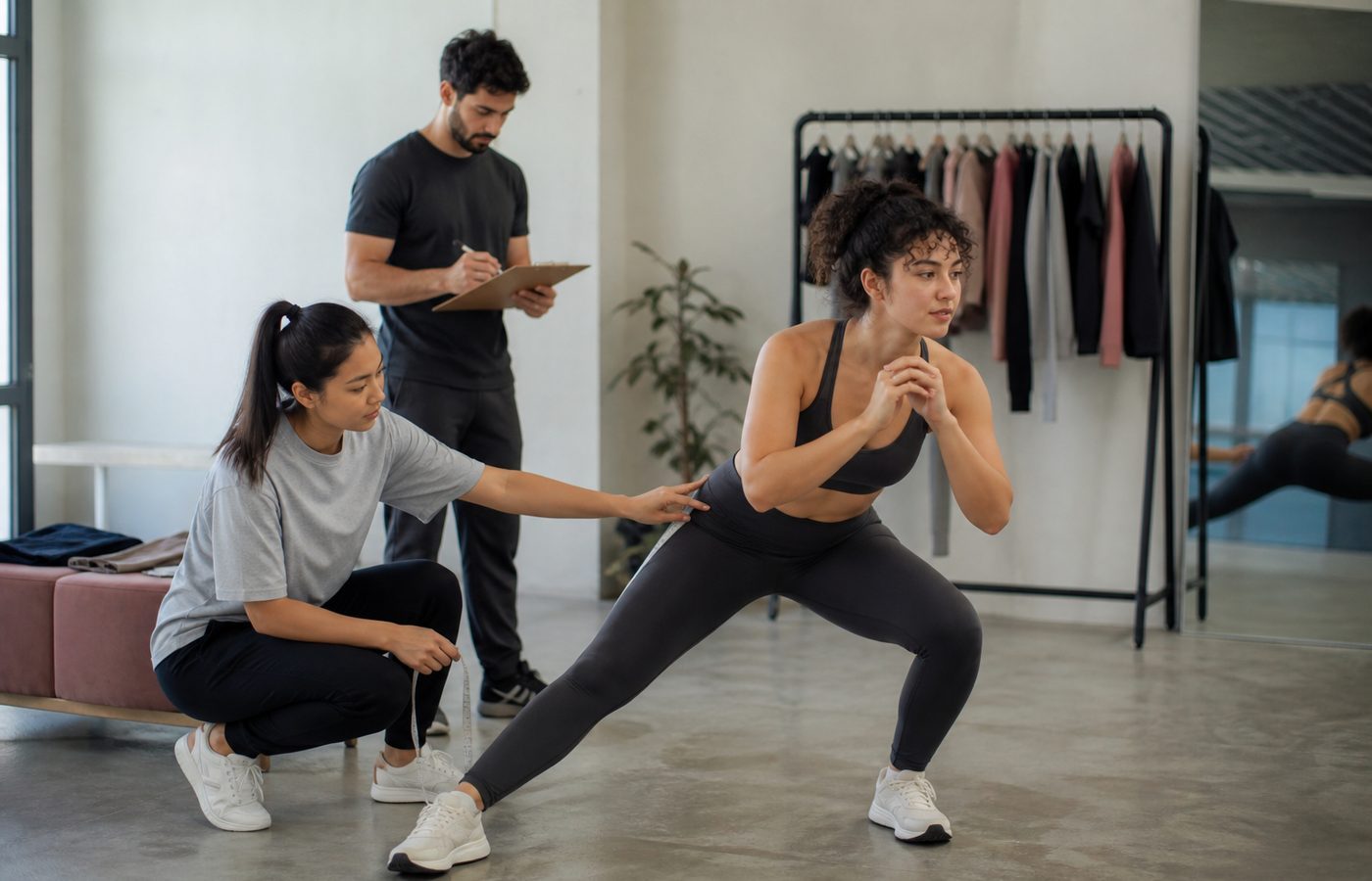 Athlete completing a controlled movement test while an apparel team evaluates activewear fit