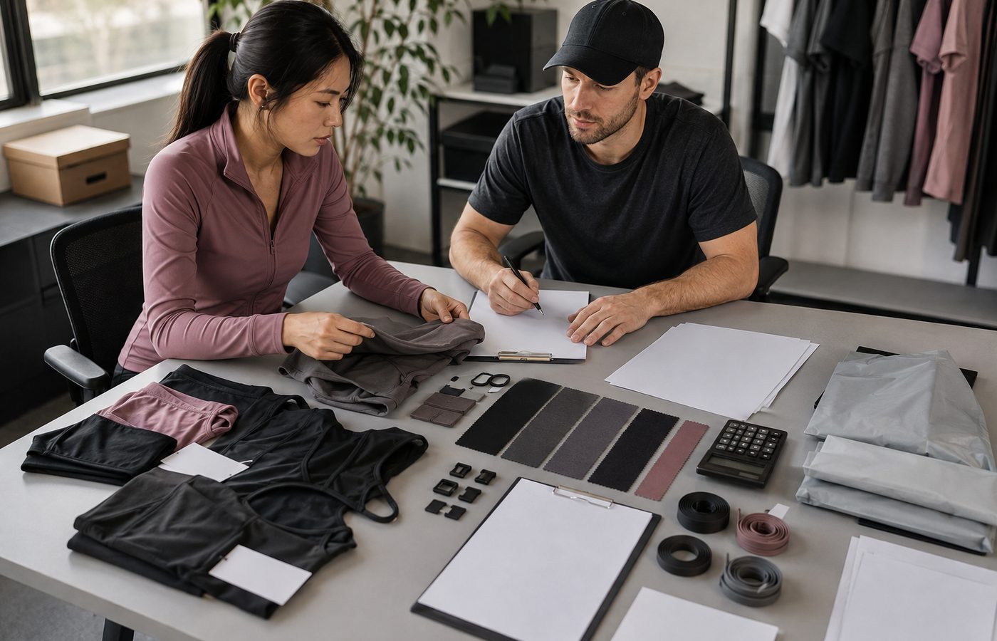 Apparel founder and production merchandiser reviewing OEM activewear cost drivers