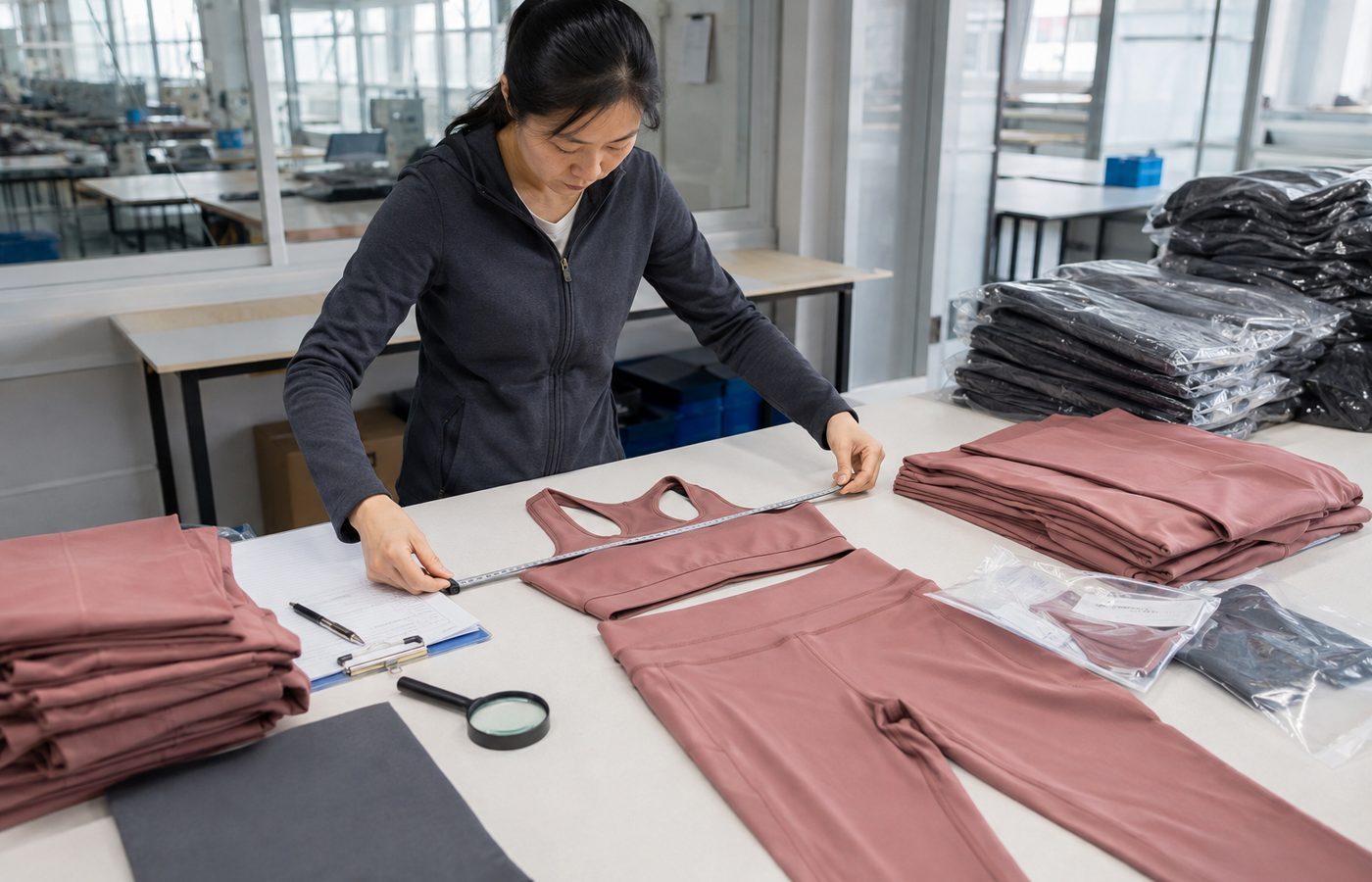 Quality inspector measuring unbranded activewear garments before shipment