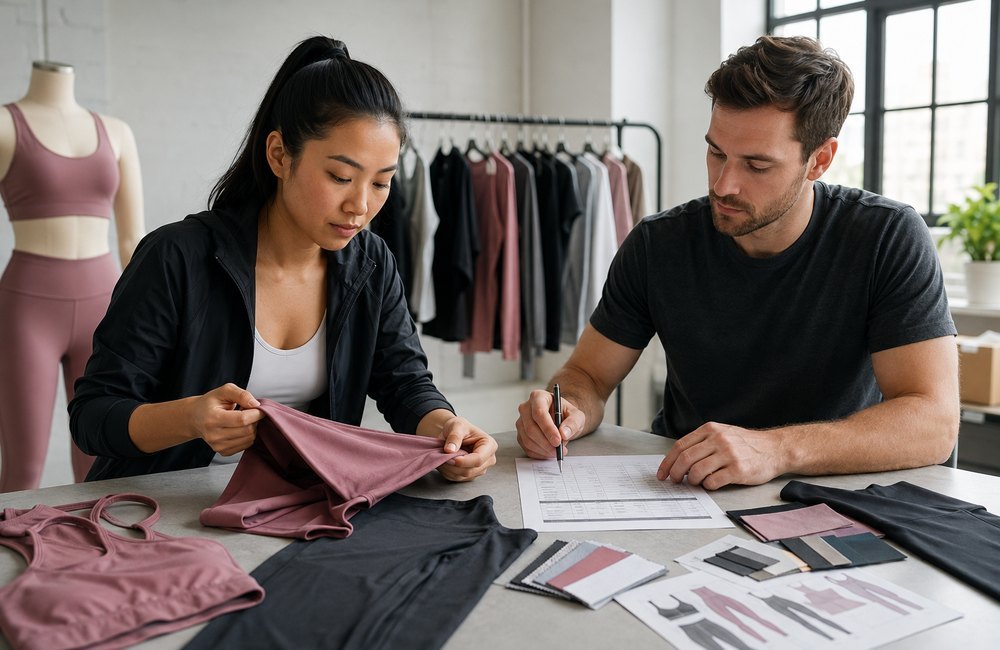 Fashion team comparing fabric swatches and activewear design options