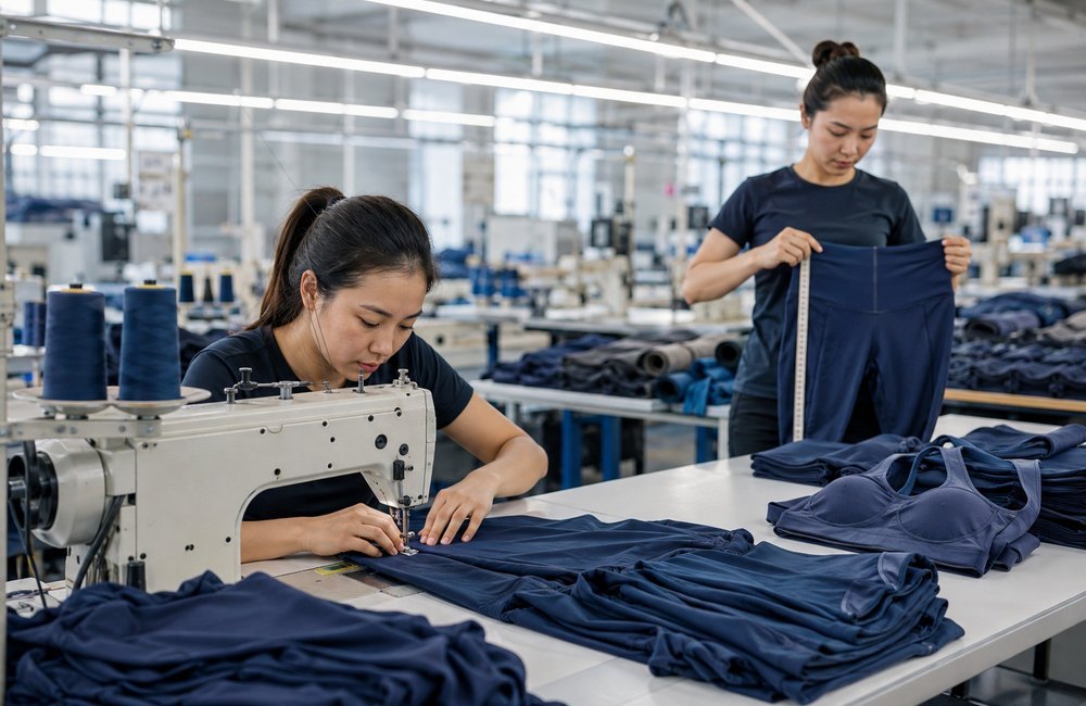 Tailor operating an industrial sewing machine in an apparel workshop