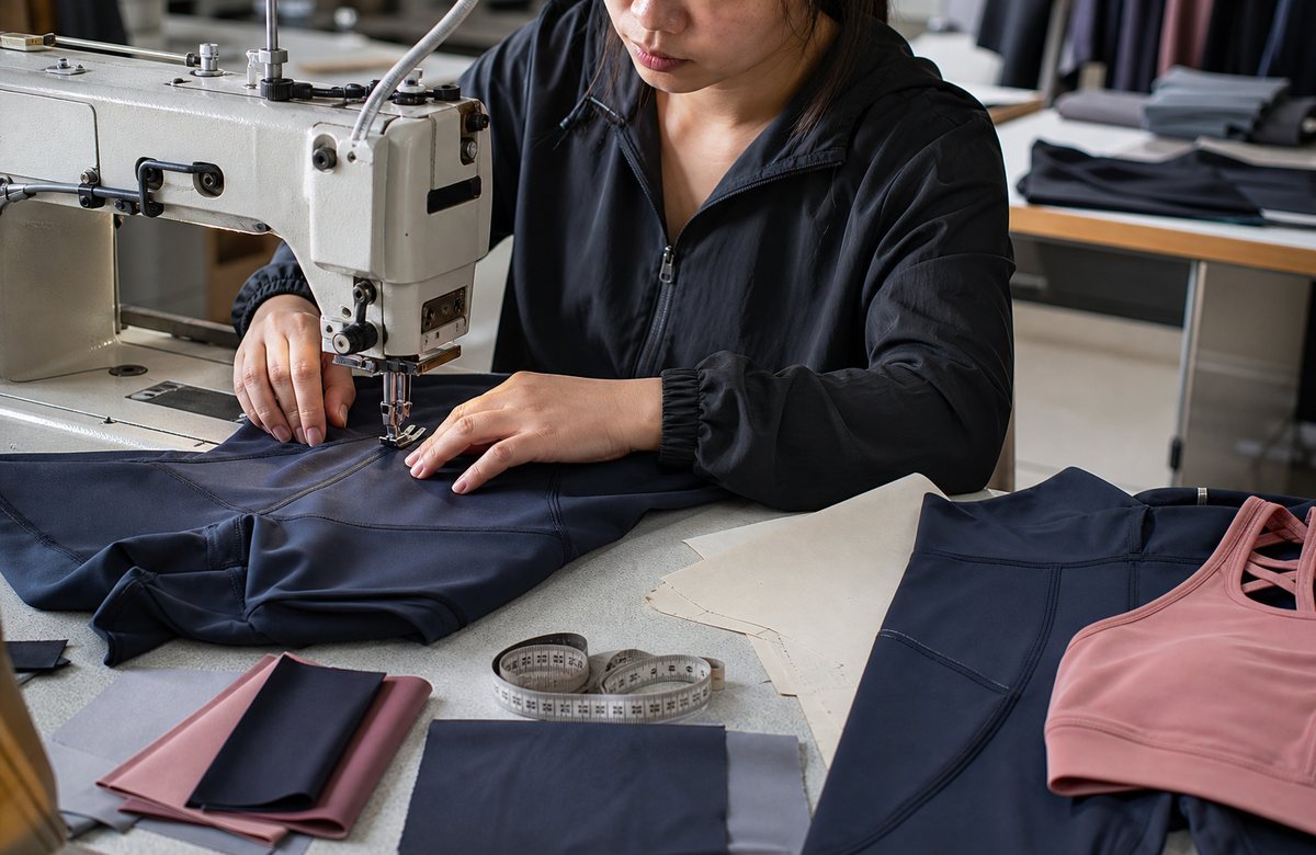 Close-up of a sewing operator making a garment sample during OEM development