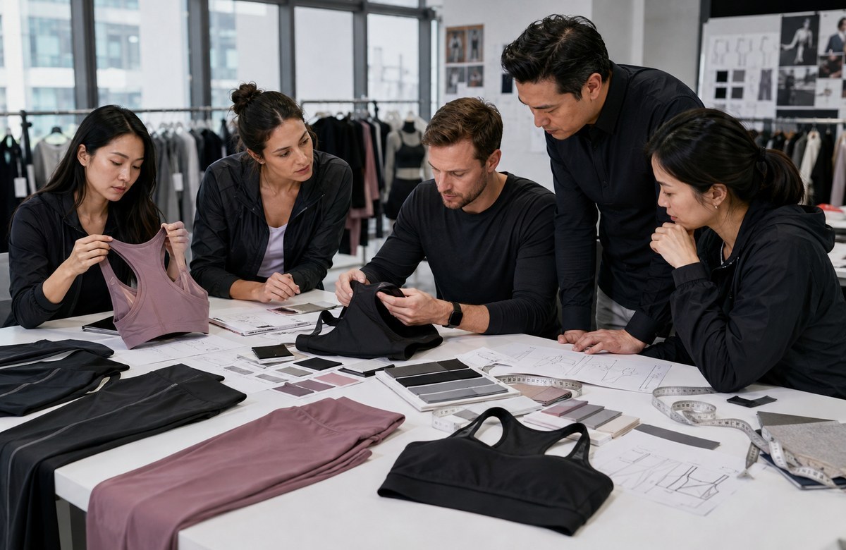 Activewear brand and manufacturing team comparing garments, fabrics and technical specifications for OEM, ODM and private label routes