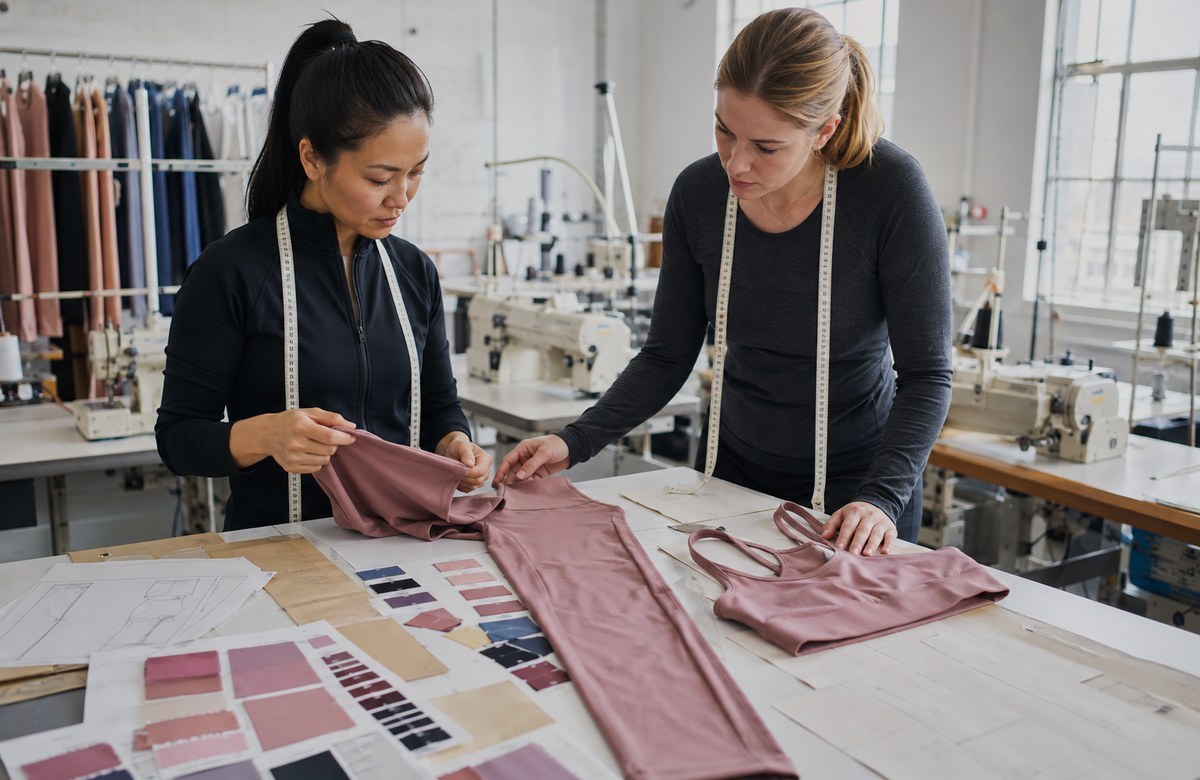 Activewear sample technicians reviewing stretch garments, patterns and color swatches in a professional sample room